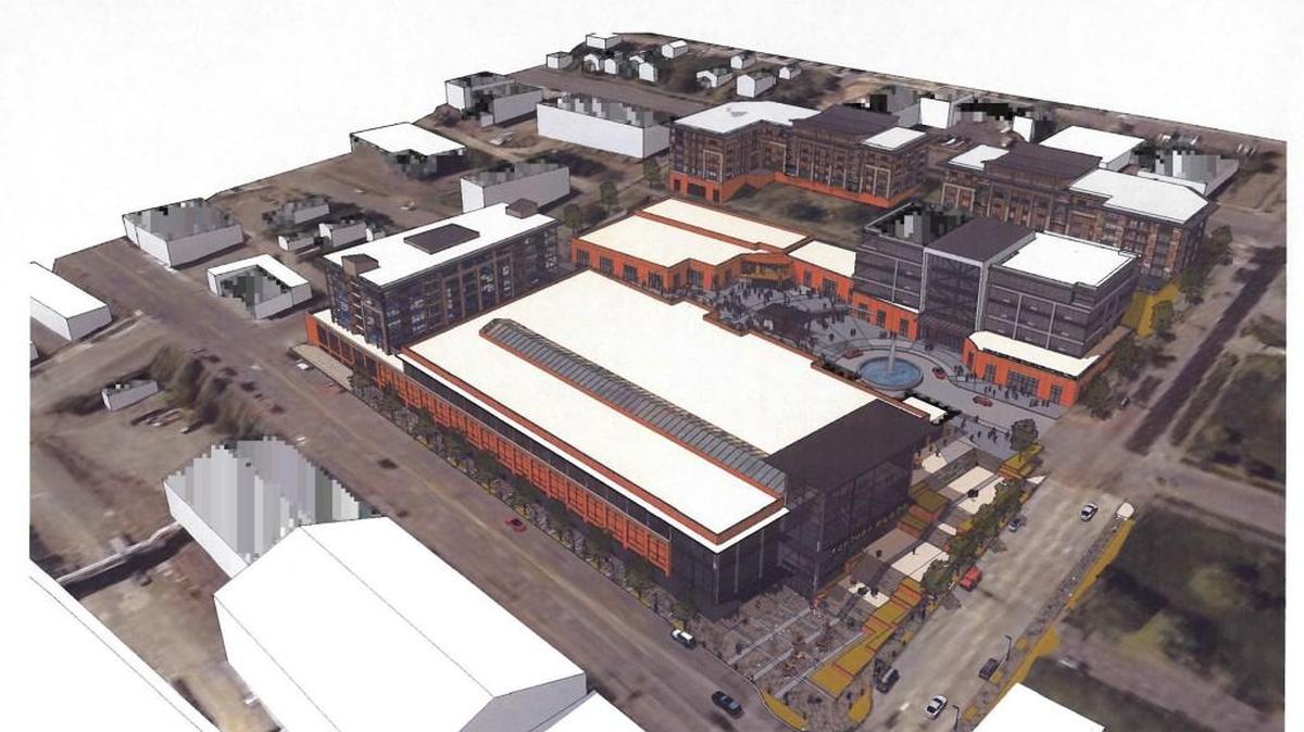 
An early rendering shows a proposed development near the University of Washington Tacoma. The street on the right side of the V is South 21st Street; the street on the left side of the V is Jefferson Avenue.
