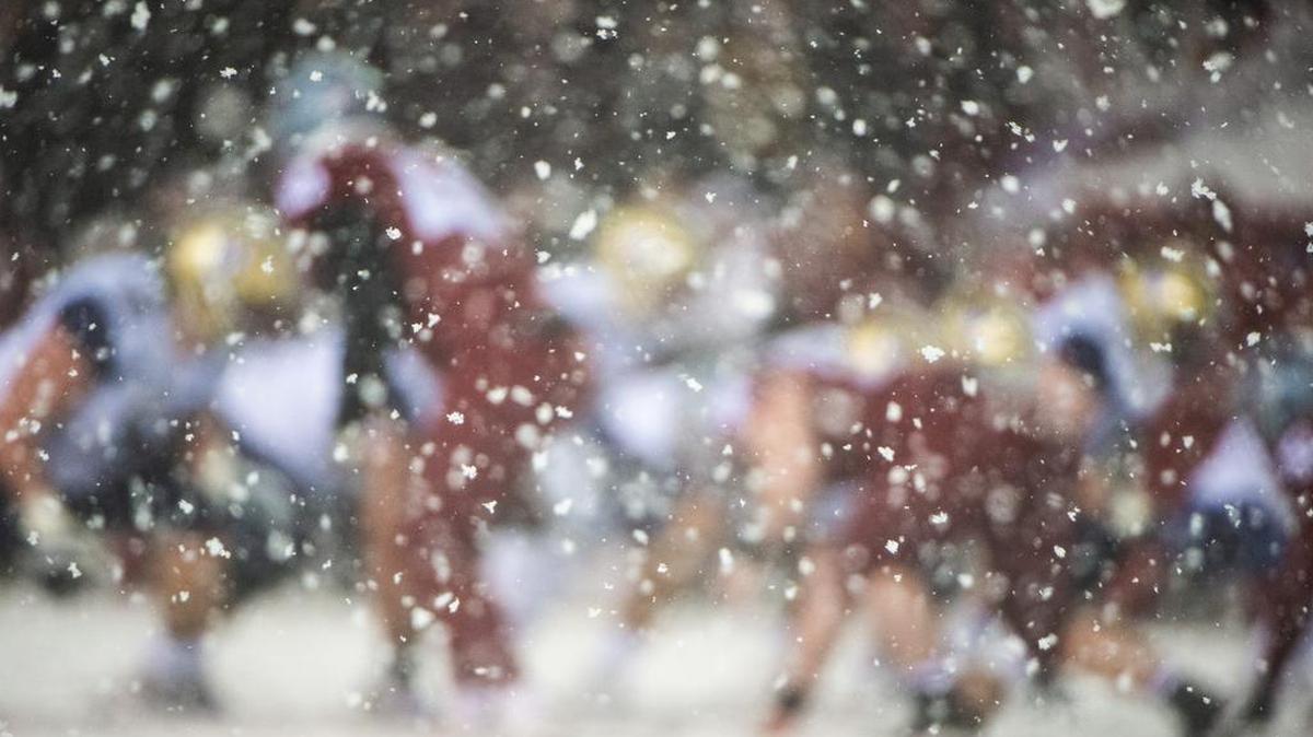 Snow falls during the game. The Washington Huskies played the Washington State Cougars in the Apple Cup at Martin Stadium in Pullman, Wash., on Friday, Nov. 23, 2018.