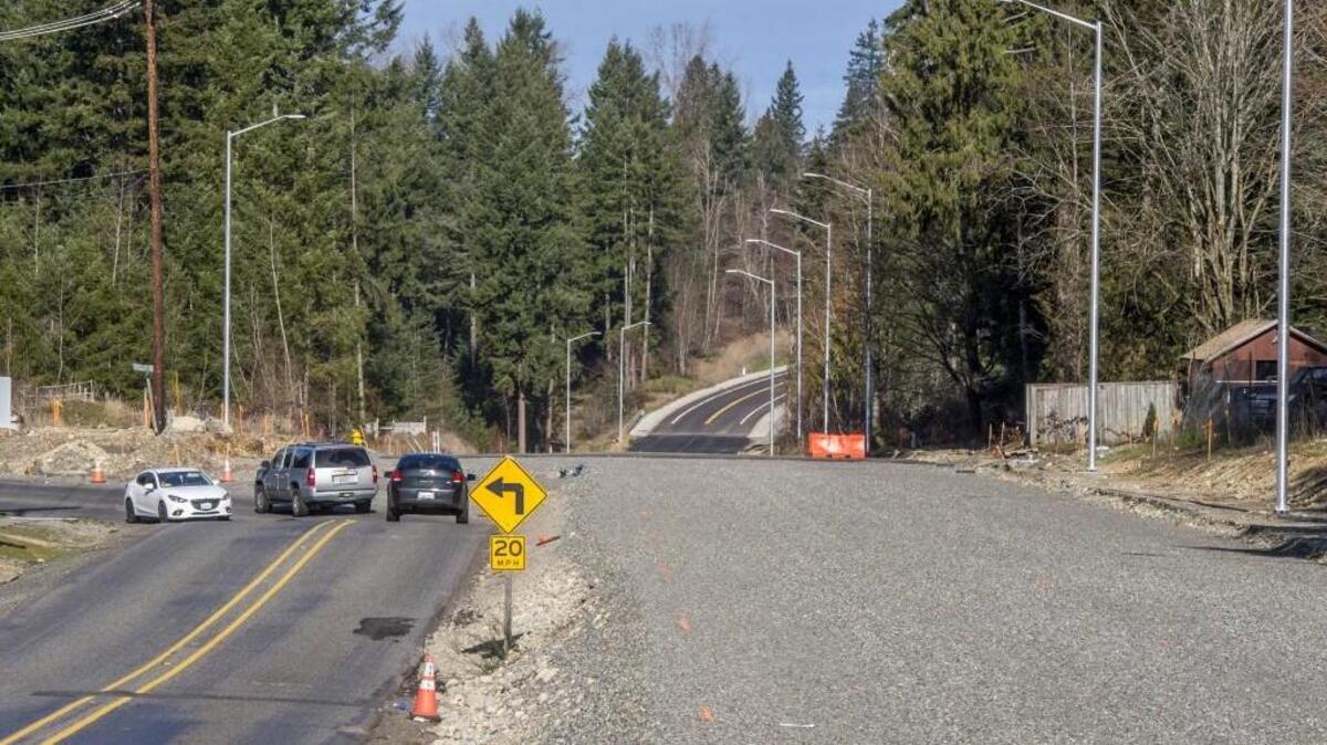 In Bonney Lake, 198th Avenue East bends sharply to the west (left here) and becomes Rhodes Lake Road East. At right is a stretch of unfinished roadway that will become a new section of the road that becomes 199th Avenue Court East near Bonney Lake High School.
