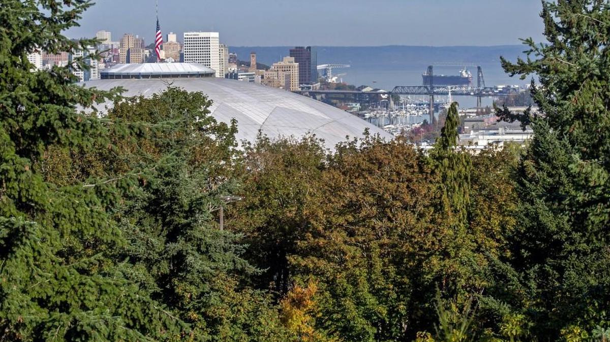 Downtown Tacoma is barely visible over the lush canopy of McKinley Park, October 5, 2015.