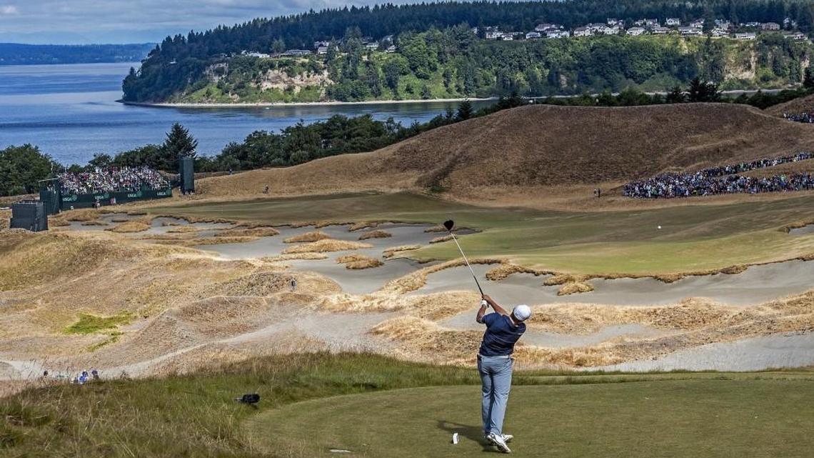 Jordan Spieth tees off with a sweeping view of Fox Island on the second day of the tournament at the 115th U.S. Open at Chambers Bay in June 2015.