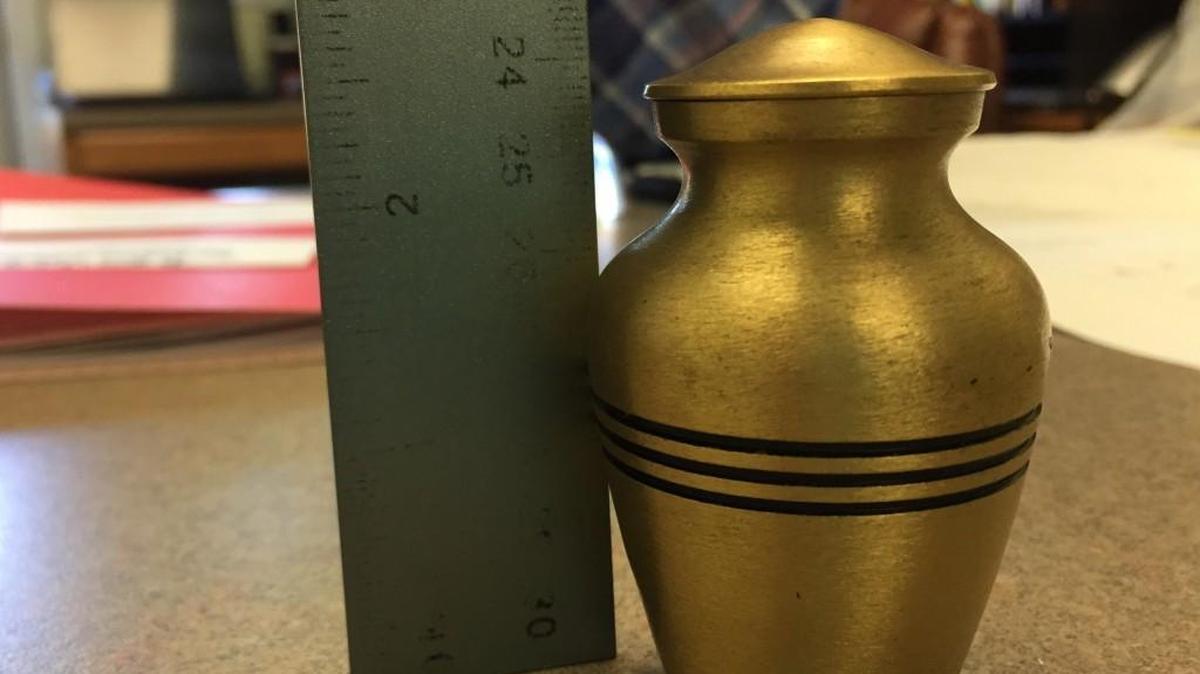 A small urn, donated somewhere in southwest or central Washington, turned up at the Yelm Goodwill store. It’s about 3 inches tall.