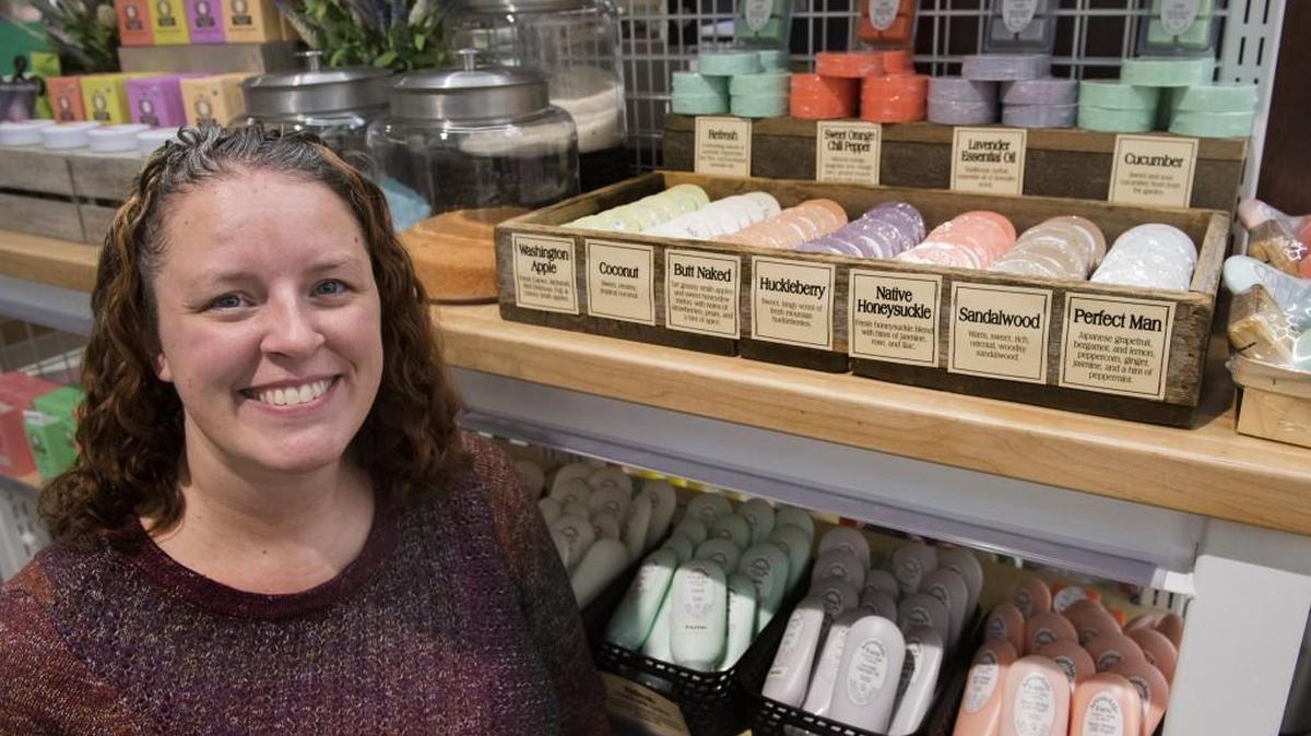 Jess Hogan of Artondale Farm in Gig Harbor is among the farmers that Main & Vine is partnering with to provide fresh local products. Hogan says it is the first time her line of goat milk soaps, lotions and bath salts will be sold wholesale.
