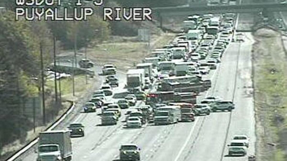 
A crash blocks southbound Interstate 5 near Port of Tacoma Road on Thursday morning.
