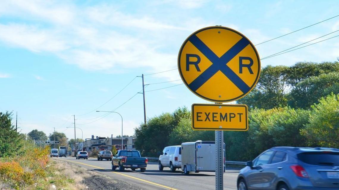 School buses are not required to stop at railroad crossings marked with an “exempt” sign, like this one on state Route 509 on the Tacoma Tideflats.