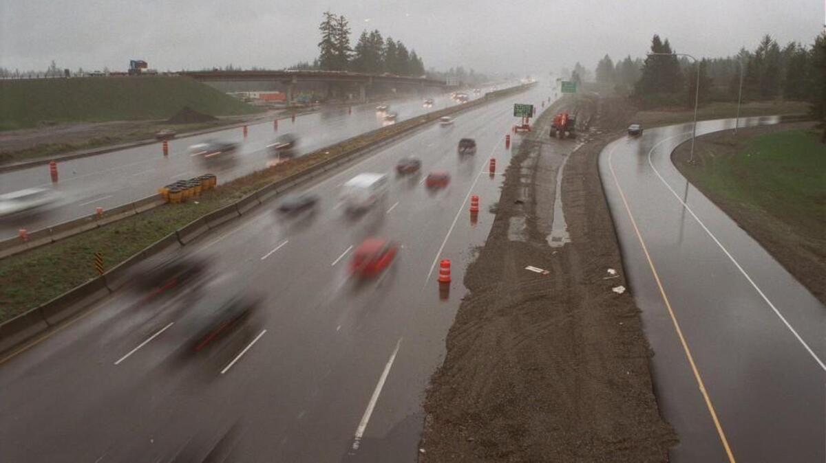 Traffic flows on Interstate 5 through DuPont in this undated file photo. One lane of I-5 in each direction has been closed in DuPont on Thursday night to address a depression forming in the freeway’s median, according to the state Department of Transportation.