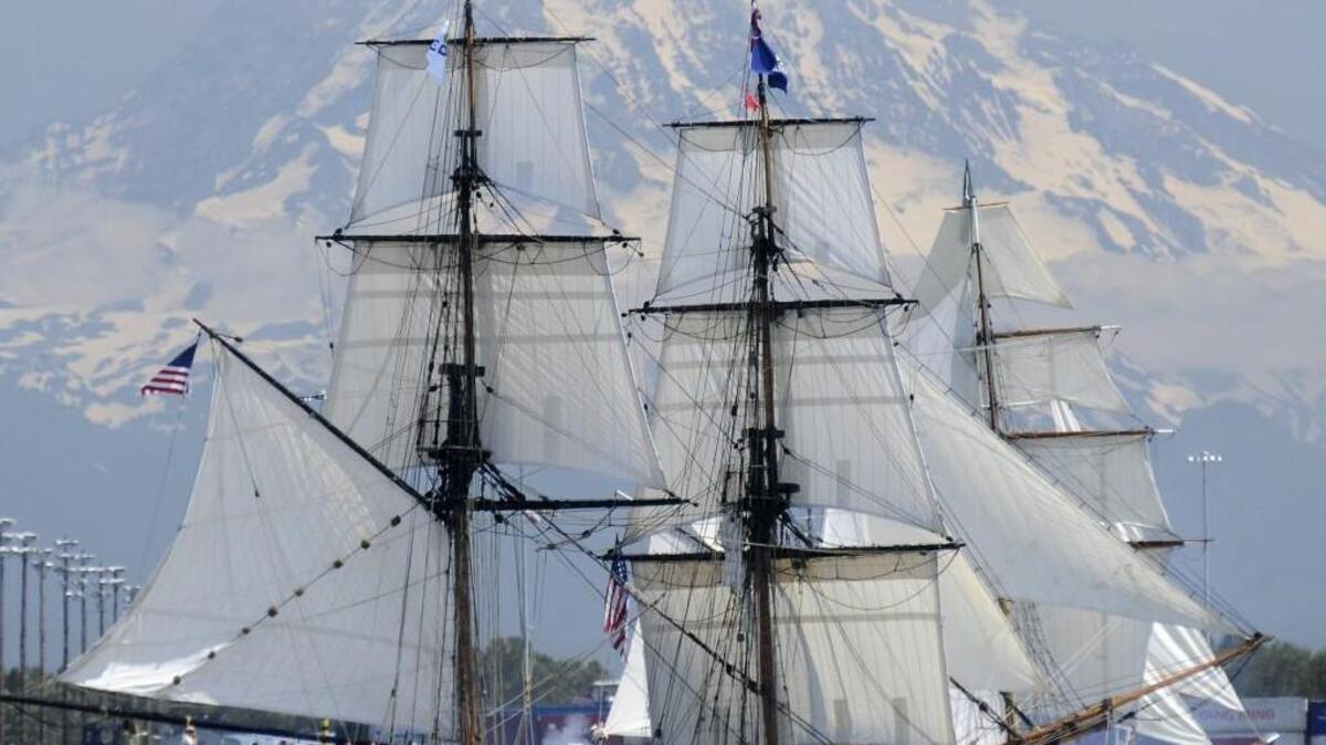The Lady Washington, left, fires one of her cannons during a mock duel with The Hawaiian Chieftain, right, during Tall Ships Tacoma 2008. The tall ships return for the Festival of Sail Wednesday-Sunday and visitors should expect road closures.