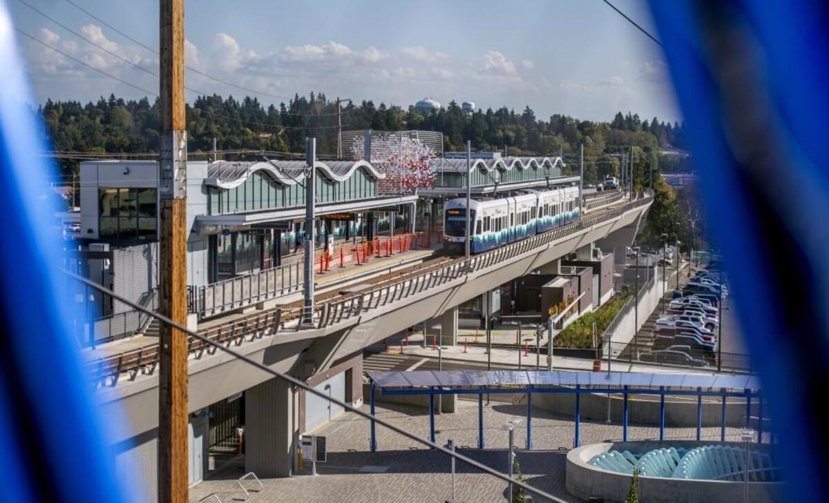 This is the new Angle Lake station for Sound Transit’s Link light rail. It’s on South 200th Street in SeaTac. This view is from the new parking structure, seen Tuesday.