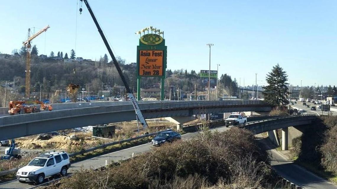 Crews will close the old ramp, foreground, from northbound Interstate 5 to state Route 167 this weekend so they can finish work on the new ramp seen just behind it.