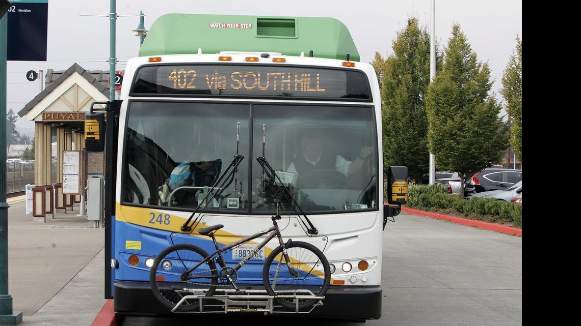 
Pierce Transit Route 402 bus at the Puyallup Sounder Station Transit Center. 
