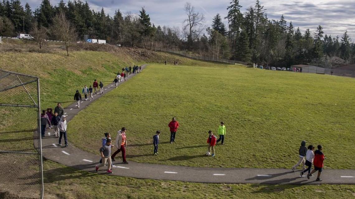 This playfield belonging to Mark Twain Elementary School will be used for new light rail tracks by Sound Transit, if a property swap is negotiated. The school would be relocated to the Redondo Heights Park & Ride lot on Pacific Highway South.