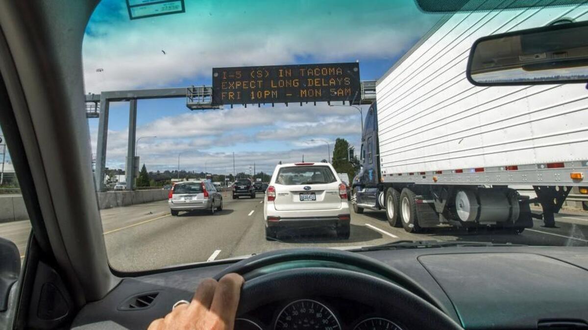 Heavy traffic on southbound Interstate 5 entering Tacoma as seen from a driver’s point of view on Saturday.