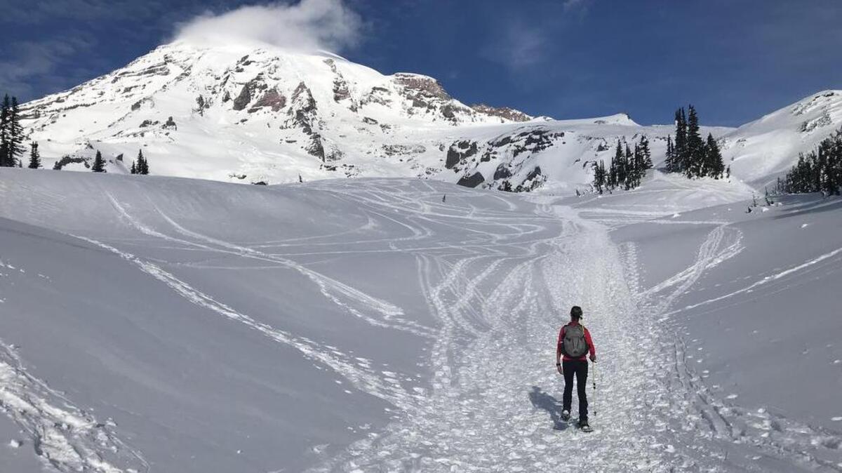 A snowshoer makes her way toward Panorama Point at Mount Rainier National Park on Jan. 1, 2018. The entry fee to Washington state and national parks will be free on Monday in honor of Martin Luther King Day. It is the first of four fee-free days at National Parks this year after the agency waived fees 10 days last year and 16 days in 2016.
