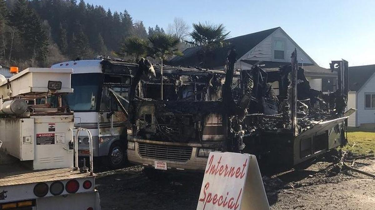 A fire broke out Saturday morning at Sumner RV Center, destroying two motor homes.