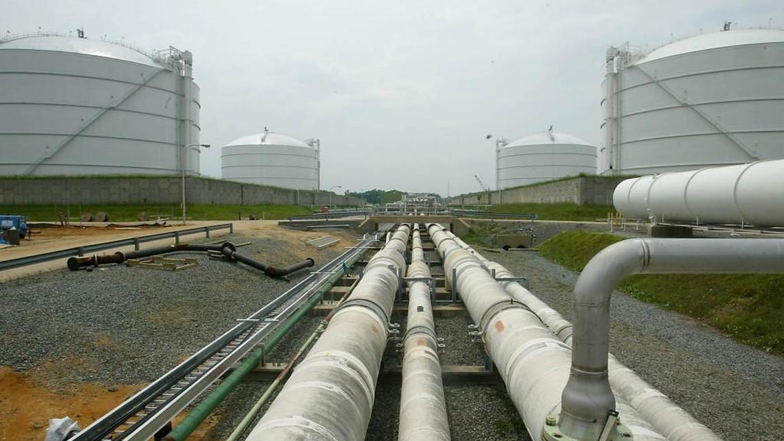Pipelines run from the offshore docking station to the four LNG tanks capable of holding 2.5 billion cubic feet of LNG apiece as shown at the Dominion Liquified Natural Gas facility in Cove Point, Md.