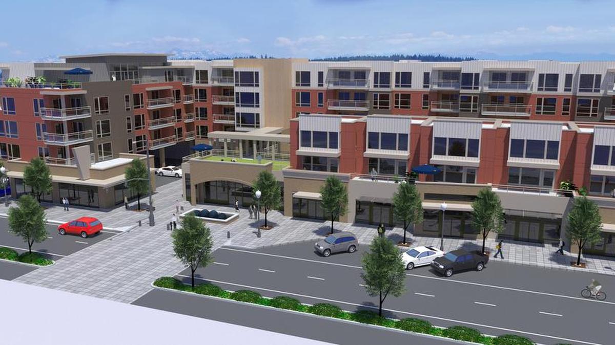 A conceptual rendering shows the mixed-use development proposed for Lot 12 in University Place Town Center by Casey + DeChant Architects.