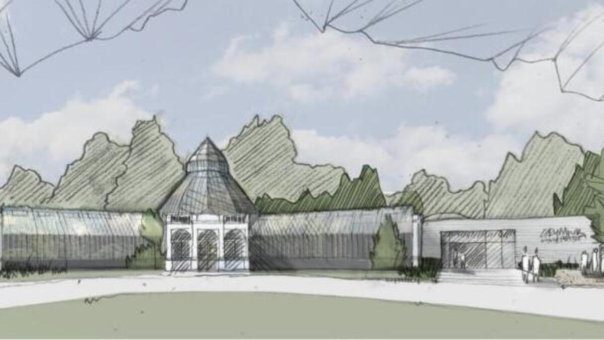 An artist rendering of the second stage design proposal for Metro Parks’ Seymour Conservatory expansion, showing the original 1908 building with new entrance on right.