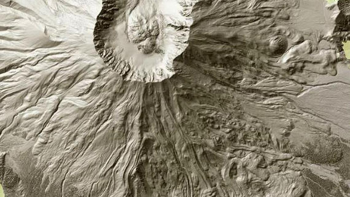 Mount Saint Helens can be seen in this screen grab from the Washington State Department of Natural Resources’ lidar map. The 1980 eruption blew out the northern side, top, of the volcano, while the southern side shows volcanic flows from ancient eruptions.