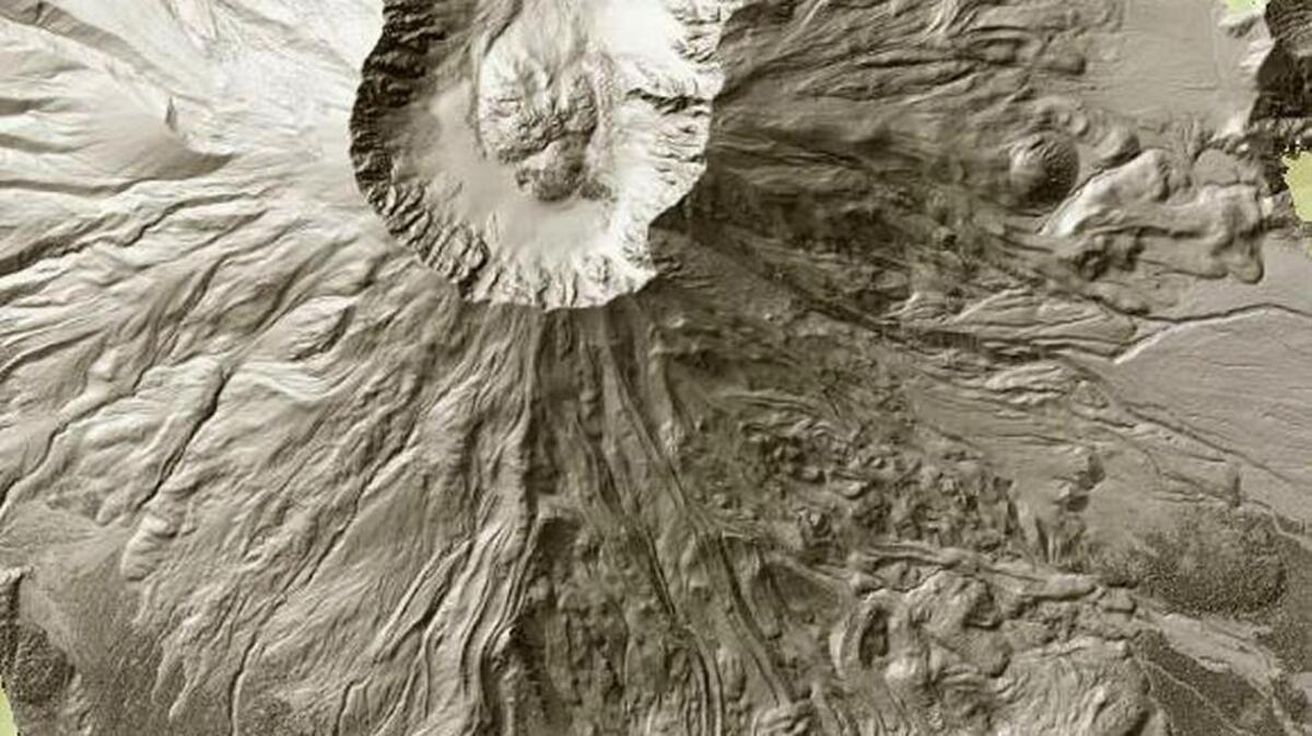 Mount Saint Helens can be seen in this screen grab from the Washington State Department of Natural Resources’ lidar map. The 1980 eruption blew out the northern side, top, of the volcano, while the southern side shows volcanic flows from ancient eruptions.
