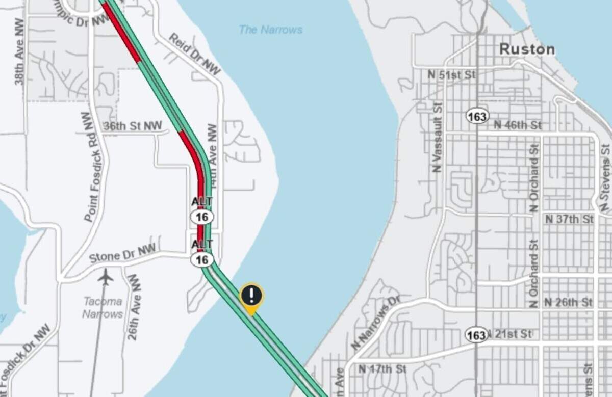 WSDOT’s traffic map shows delays on the eastbound Tacoma Narrows Bridge about 11 p.m. July 18, 2026.