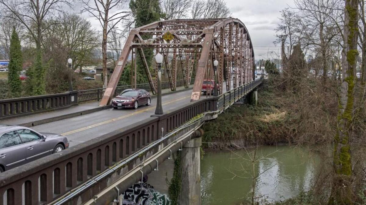 The Bridge Street Bridge in Sumner, looking southeast across the White River toward downtown Sumner.