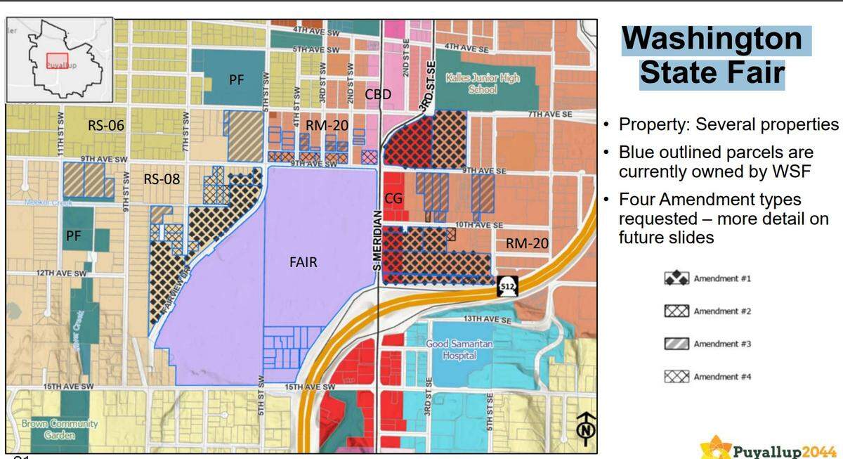 A map included in Puyallup City Council meeting documents shows land owned by the Washington State Fair.