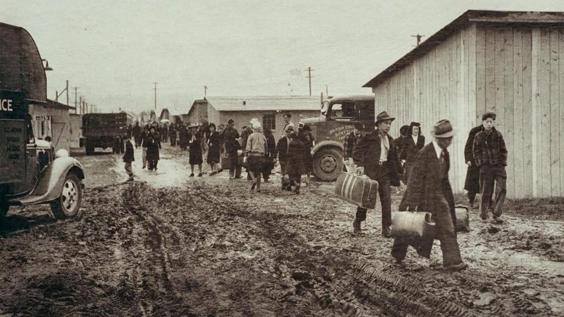 Japanese Americans interned in 1942 at Camp Harmony at the Puyallup fairgrounds.