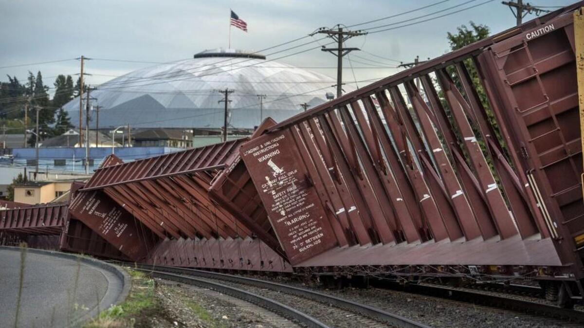 
A seven-car derailment of a BNSF train occurred Thursday afternoon on a curved section of track alongside Dock Street near the end of the Thea Foss Waterway in Tacoma.

