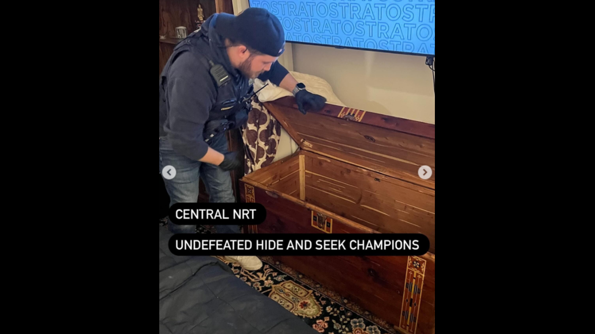 A 54-year-old accused of burglary was found hiding in a wooden trunk Jan. 30 in Tigard, Oregon, police said.