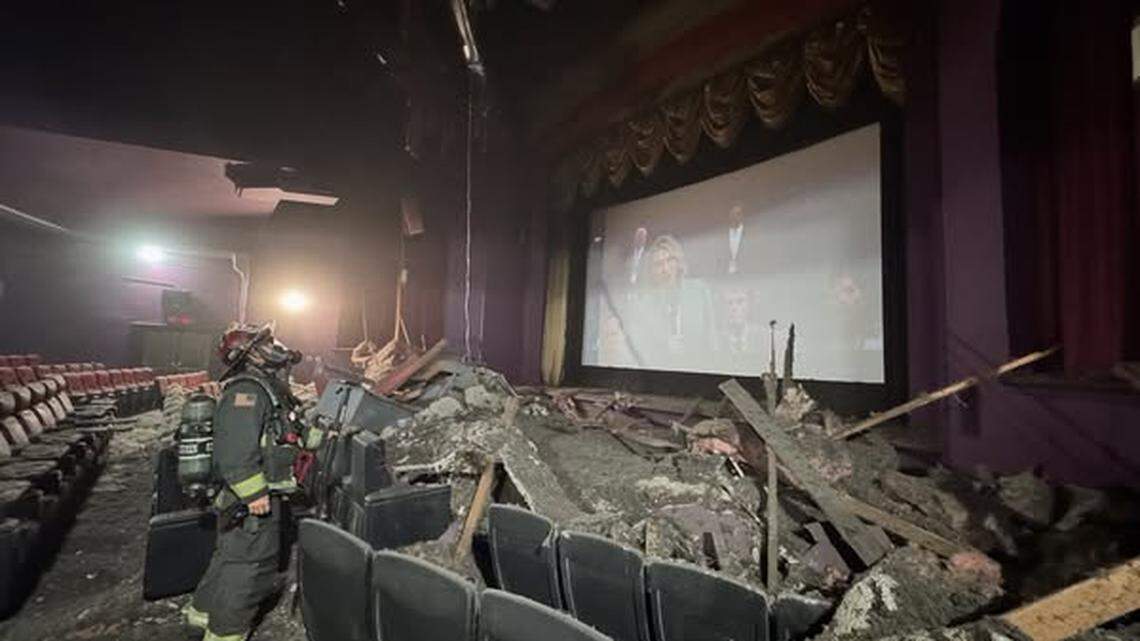 Firefighters responded to a ceiling collapse at a theater in Washington as two people watched the new “Captain America” movie.