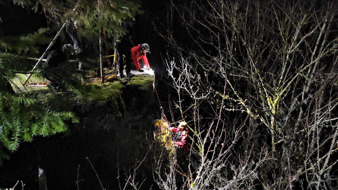 Rescuers got a call at about 11:30 p.m. to help a man who fell 50 feet from a cliff at a waterfall, Big Tree Creek Falls, near Yacolt, Washington.