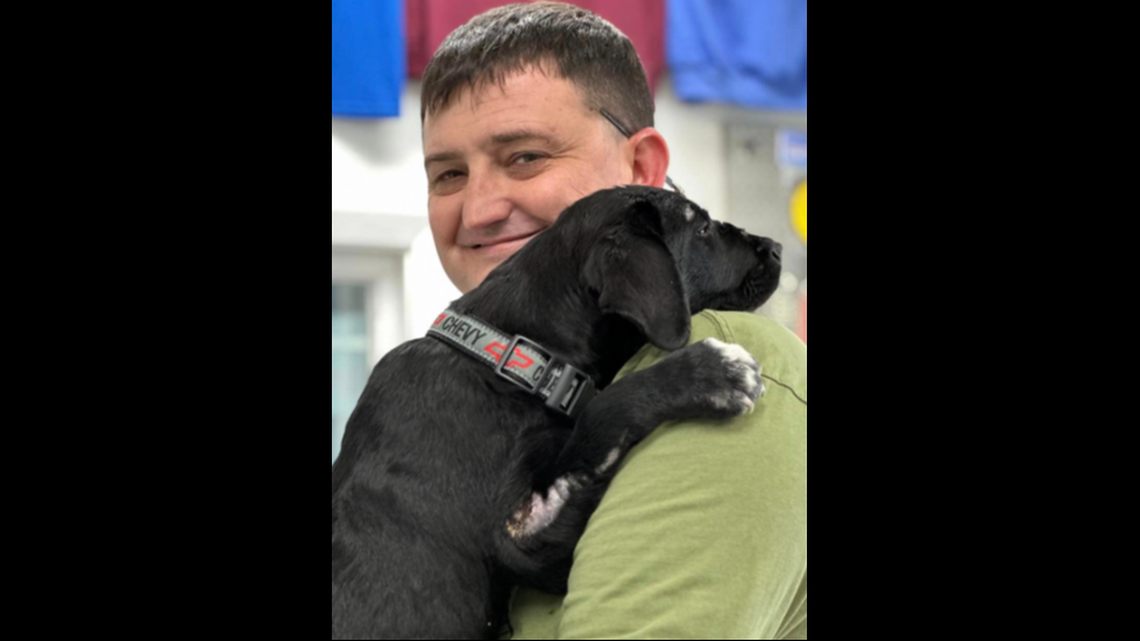 A firefighter adopted a puppy burned in a house fire and plans to have him teach children the importance of fire safety, according to an Oregon humane society.
