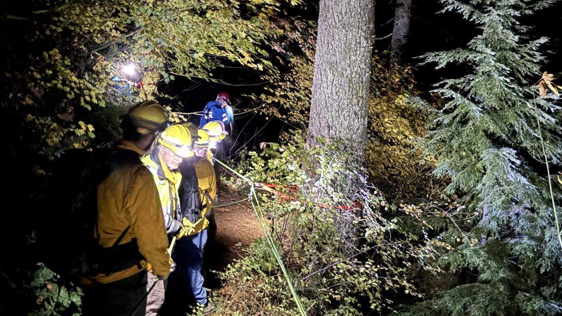A rope team was called in to help an 85-year-old missing hiker, who was found 75 feet from a trail in Washington, deputies said.