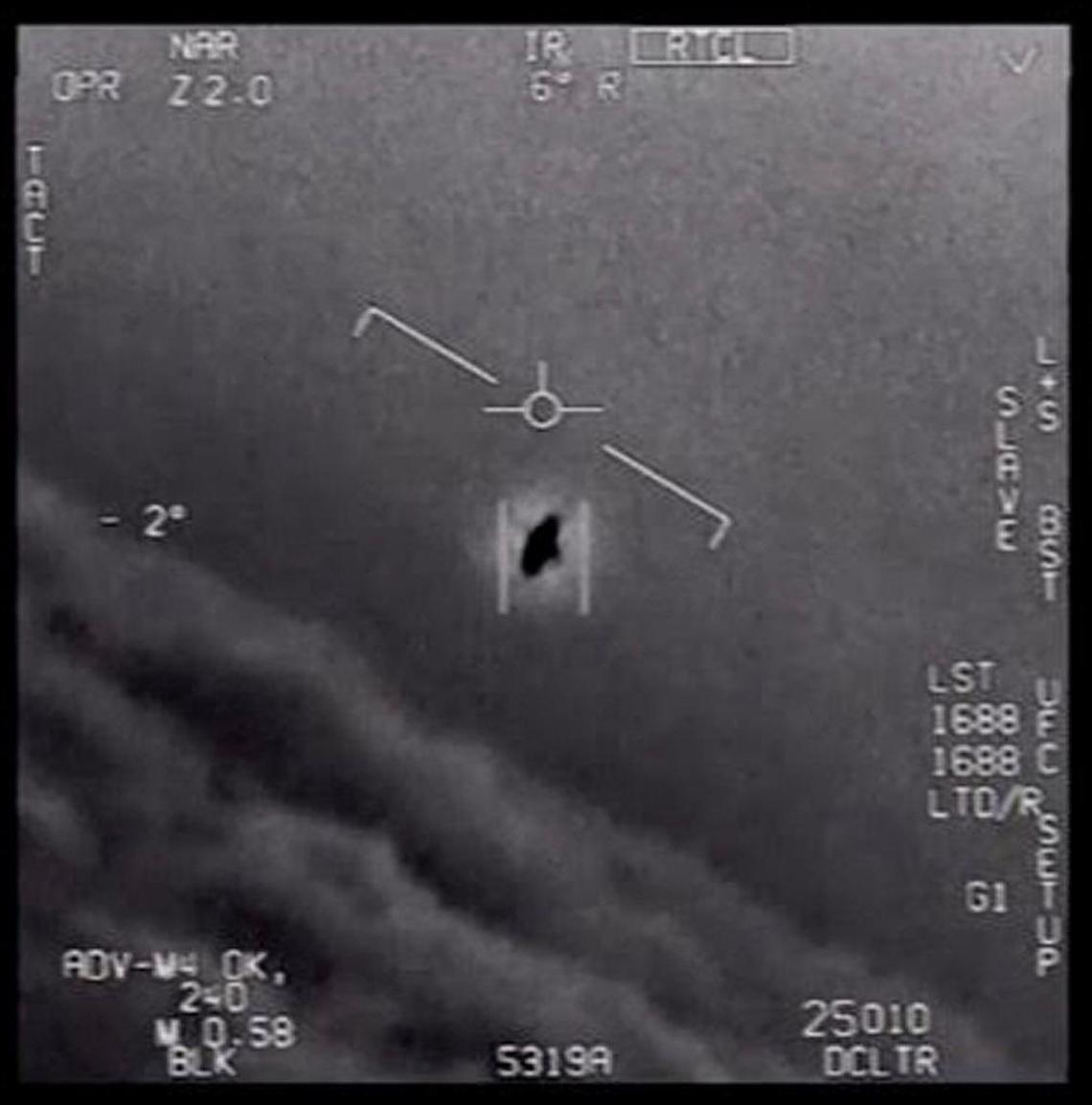 In an undated handout image taken from a video released by the Defense Department’s Advanced Aerospace Threat Identification Program, a 2004 encounter near San Diego between two Navy F/A-18F fighter jets and an unknown object. UFOs have been repeatedly investigated over the decades in the United States, including by the American military.
