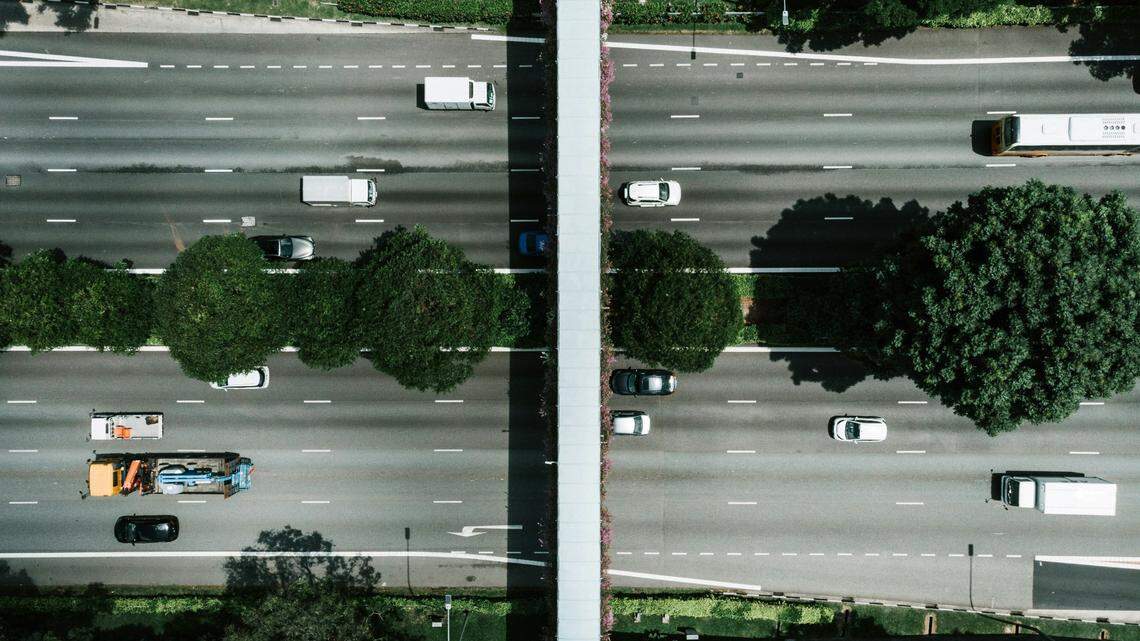 This file photo shows an aerial image of a highway. A driver went into the carpool lane on Interstate 5 in Washington and was ticketed, troopers said.