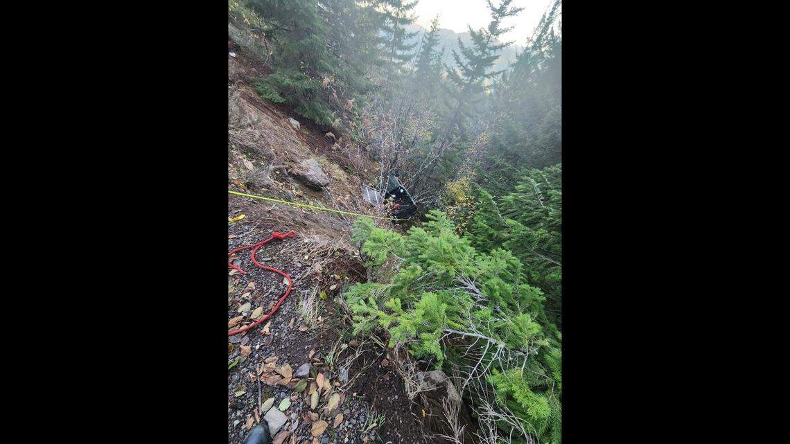 A truck drove off a steep cliff with two people inside Nov. 8 in Mount Hood National Forest, fire officials said. The rescue took about six hours because of the remote area.