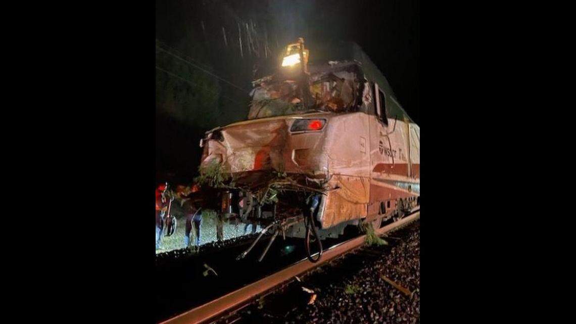 An Amtrak hit a fallen tree in Silvana, Washington, while carrying 48 passengers, the company said.