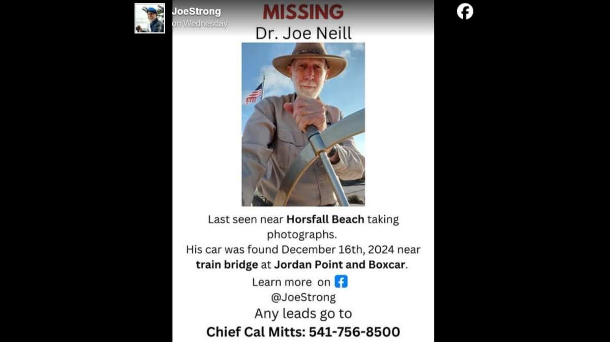 Authorities have suspended search efforts for Joe Neill, who went missing Dec. 15 in Coos County, Oregon.