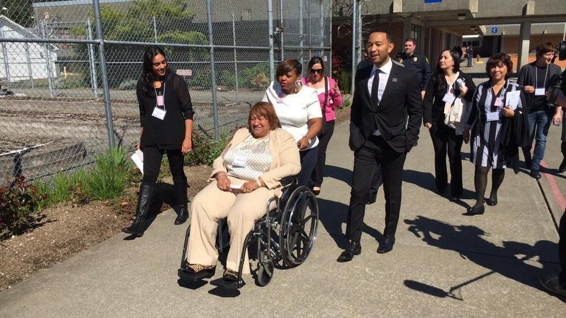 In this photo from the state Department of Corrections’ Twitter feed, singer-songwriter John Legend is shown while touring the Washington Corrections Center for Women in Purdy on Thursday, April 7, 2016.
