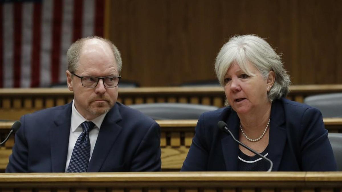 Senate Majority Leader Sharon Nelson, D-Maury Island, right, speaks as House Minority Leader Dan Kristiansen, R-Snohomish, left, listens during the leadership panel of the Associated Press' annual Legislative Preview, Thursday, Jan. 4, 2018, at the Capitol in Olympia.