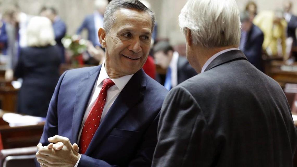 Sen. Deano Rossi, on the state Senate floor Monday, Jan. 9, 2017, on the opening day of the legislative session at the Capitol in Olympia.