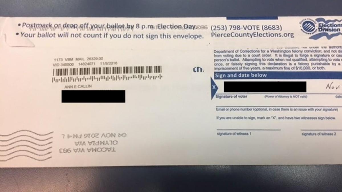 Ann Callin’s ballot was postmarked on the wrong side and returned to her. She was able to put it back into the mail, but even if she hadn’t, it would have been counted as a vote if received with an on-time postmark by the Pierce County Auditor’s Office by Nov. 29, according to Auditor Julie Anderson.