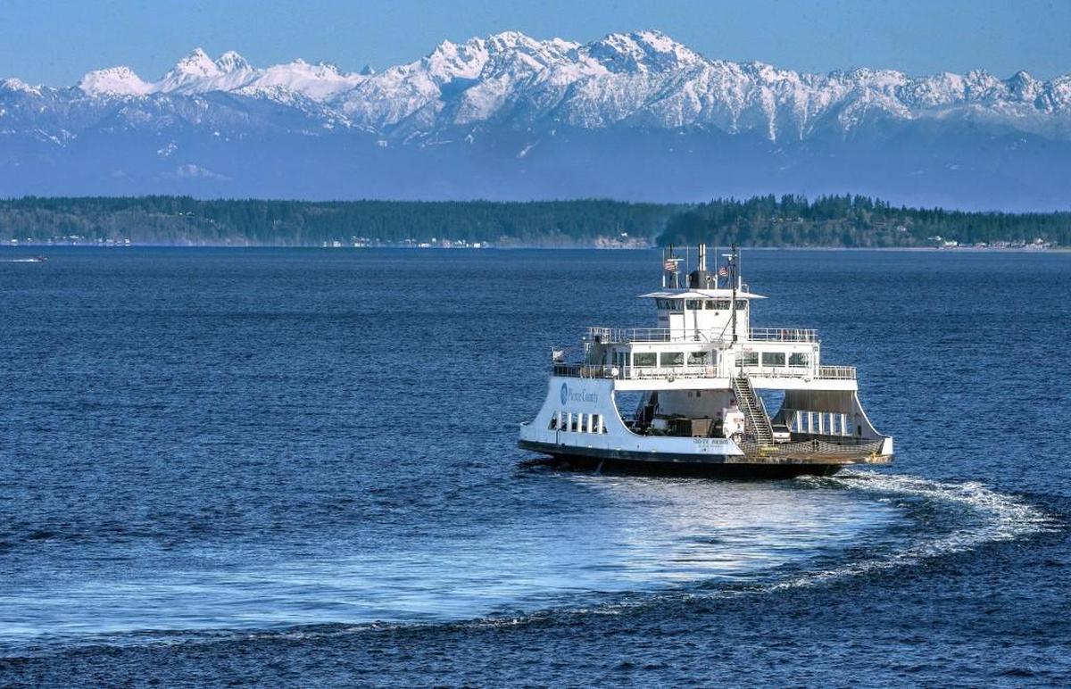 The ferry Christine Anderson moves through the water off Steilacoom on its way to Anderson Island in March 2016. Catch views of the Olympics from Topside Bar & Grill on clear days.