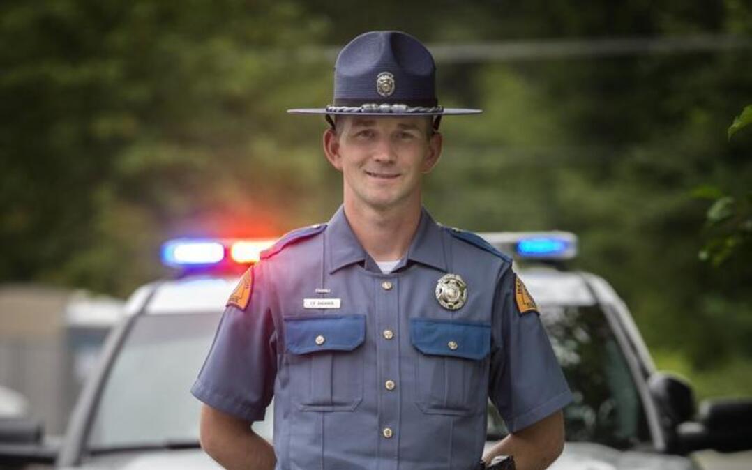 Washington State Trooper Travis Shearer shows off a new uniform that he is testing at work in Marysville.