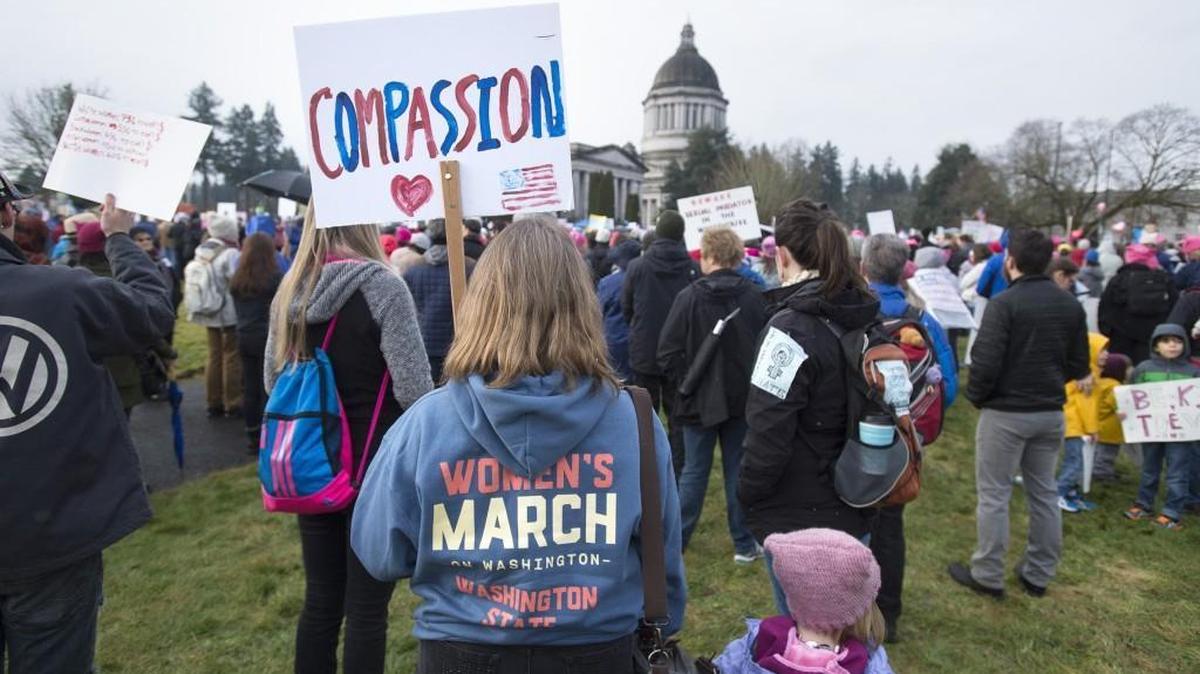 More than 10,000 people were estimated to have attended the Women's March through downtown Olympia and the rally on the Capitol Campus on Saturday, Jan. 21, 2017.