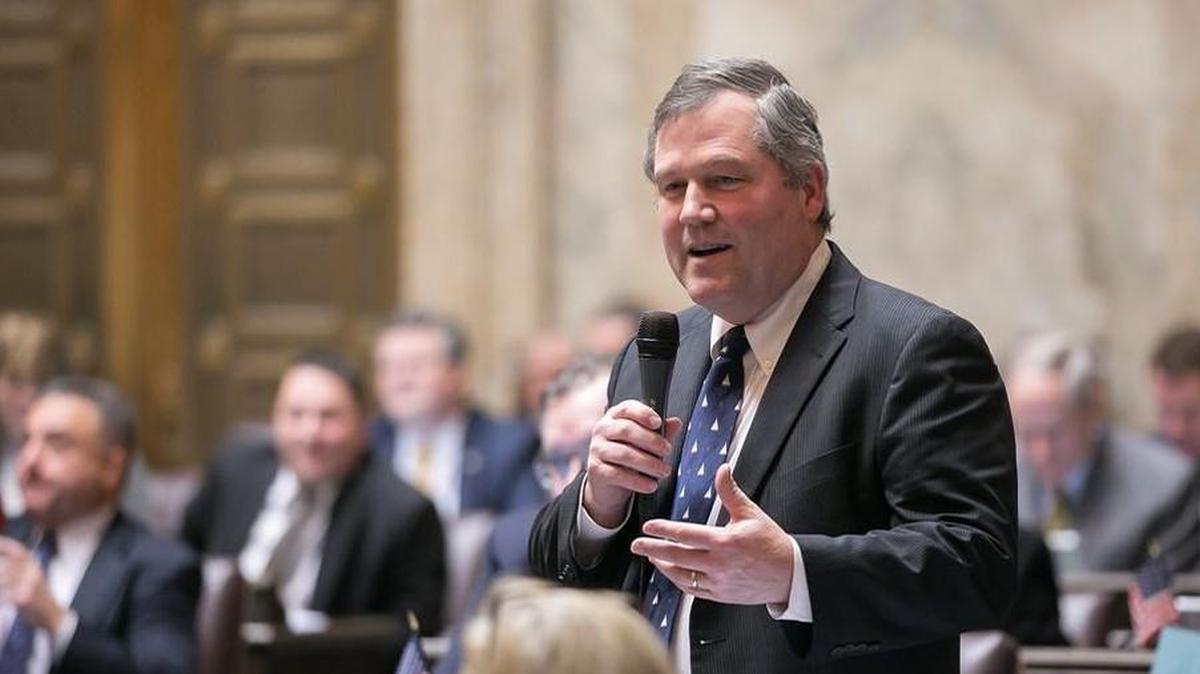 Rep. J.T. Wilcox, R-Yelm, speaks on the House floor in 2017.