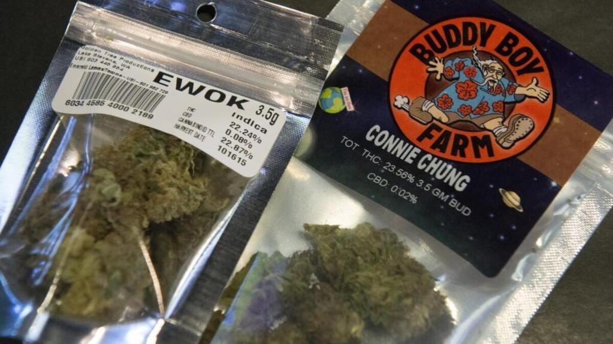 Two varieties of marijuana at Emerald Leaves, Ewok and Connie Chung, are available in large and small amounts like these 3.5 gram bags.