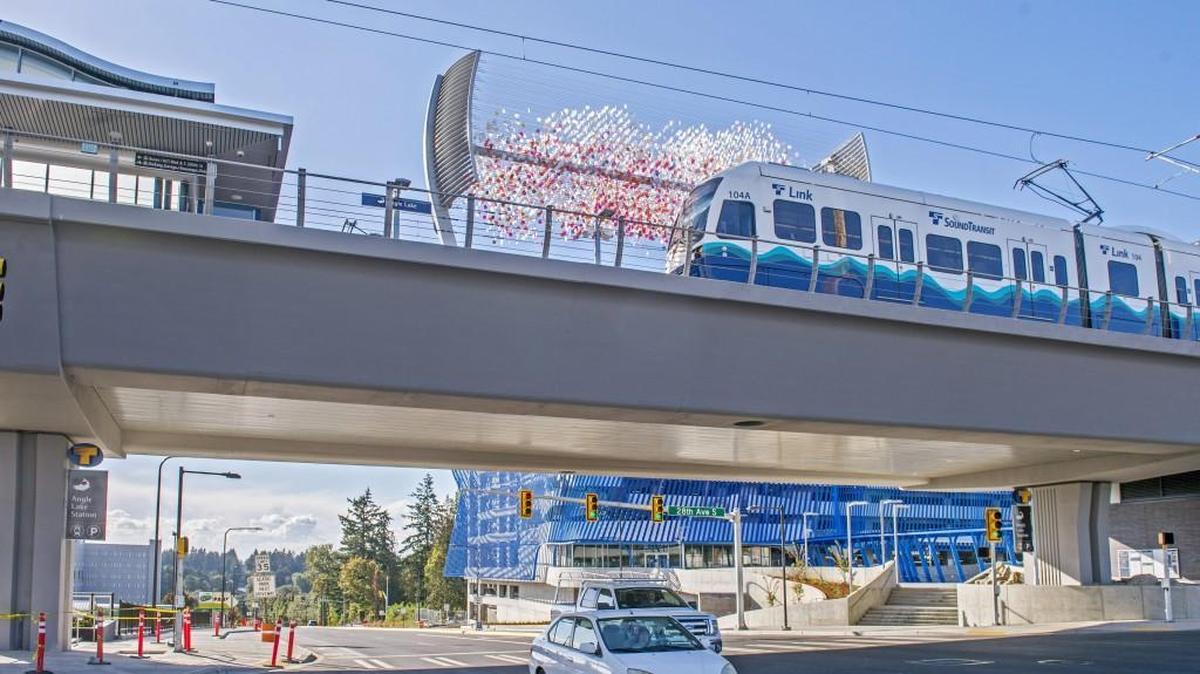 This is the new Angle Lake station for Sound Transit’s LINK light rail. It’s on on South 200th street in SeaTac. The parking structure is in background. 