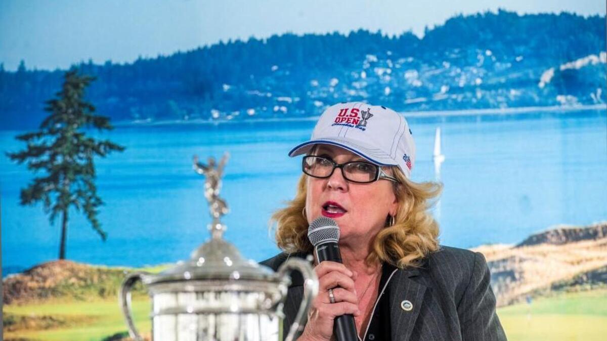 
Pierce County Executive Pat McCarthy has sent the County Council her proposed budget for 2016. It projects smaller revenue growth next year, in part due to the loss of one-time revenues from the 2015 U.S. Open at Chambers Bay Golf Course. Here, McCarthy is shown during a U.S. Open press conference in June. 
