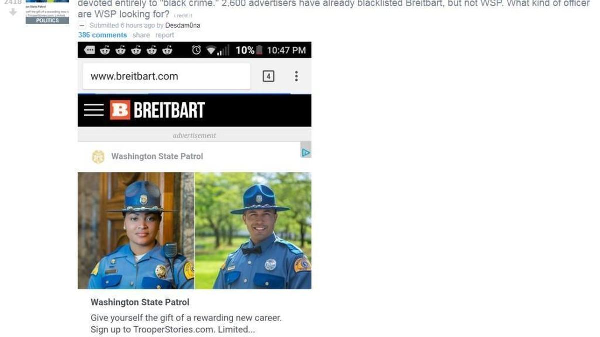 A post on a Seattle Reddit community about the Washington State Patrol advertisement appearing alongside Breitbart content.
